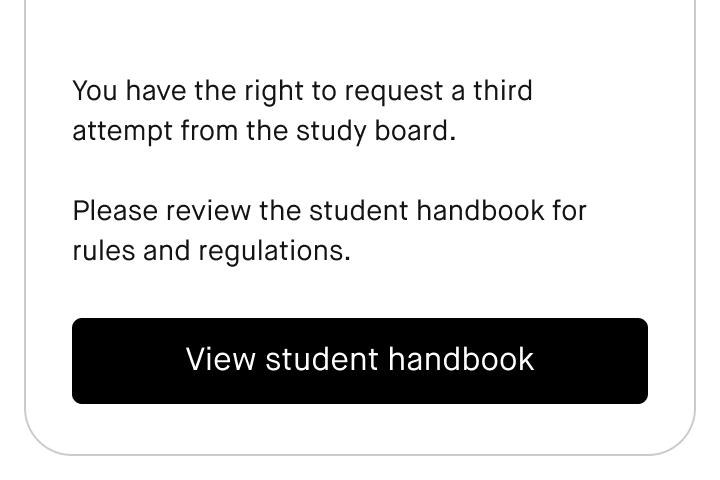 Image of a footnote in a University app for students to help them find the study board for appeals. 